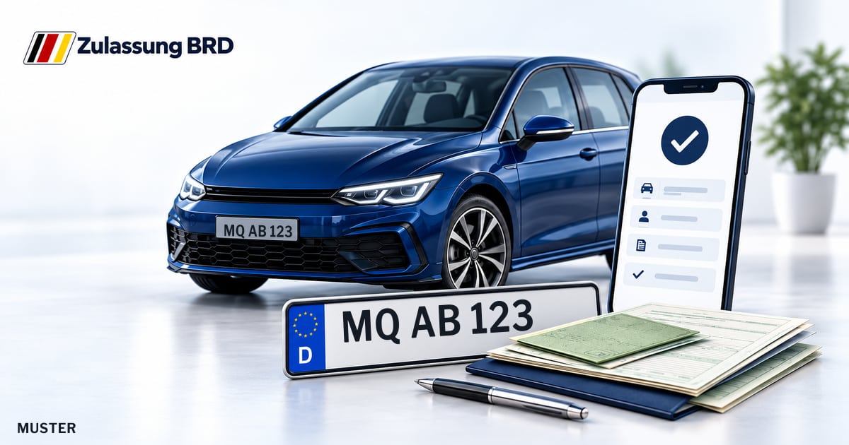 Online Fahrzeugzulassung in Querfurt: Musterkennzeichen MQ AB 123, Auto und Fahrzeugpapiere und Smartphone. Illustration mit Logo von Zulassung BRD.